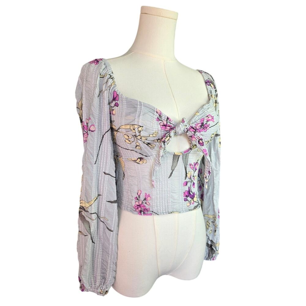 AUDREY 3+1 Grey Pink Floral Smocked Crinkle Long Sleeve Top